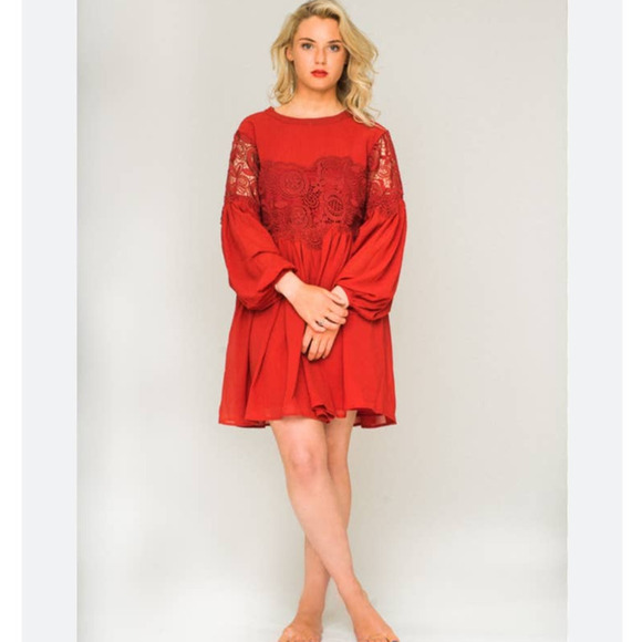 Women's Endless Rose Lace Cutout Mini Dress in Cranberry, Long Sleeves, Small - Picture 2 of 16